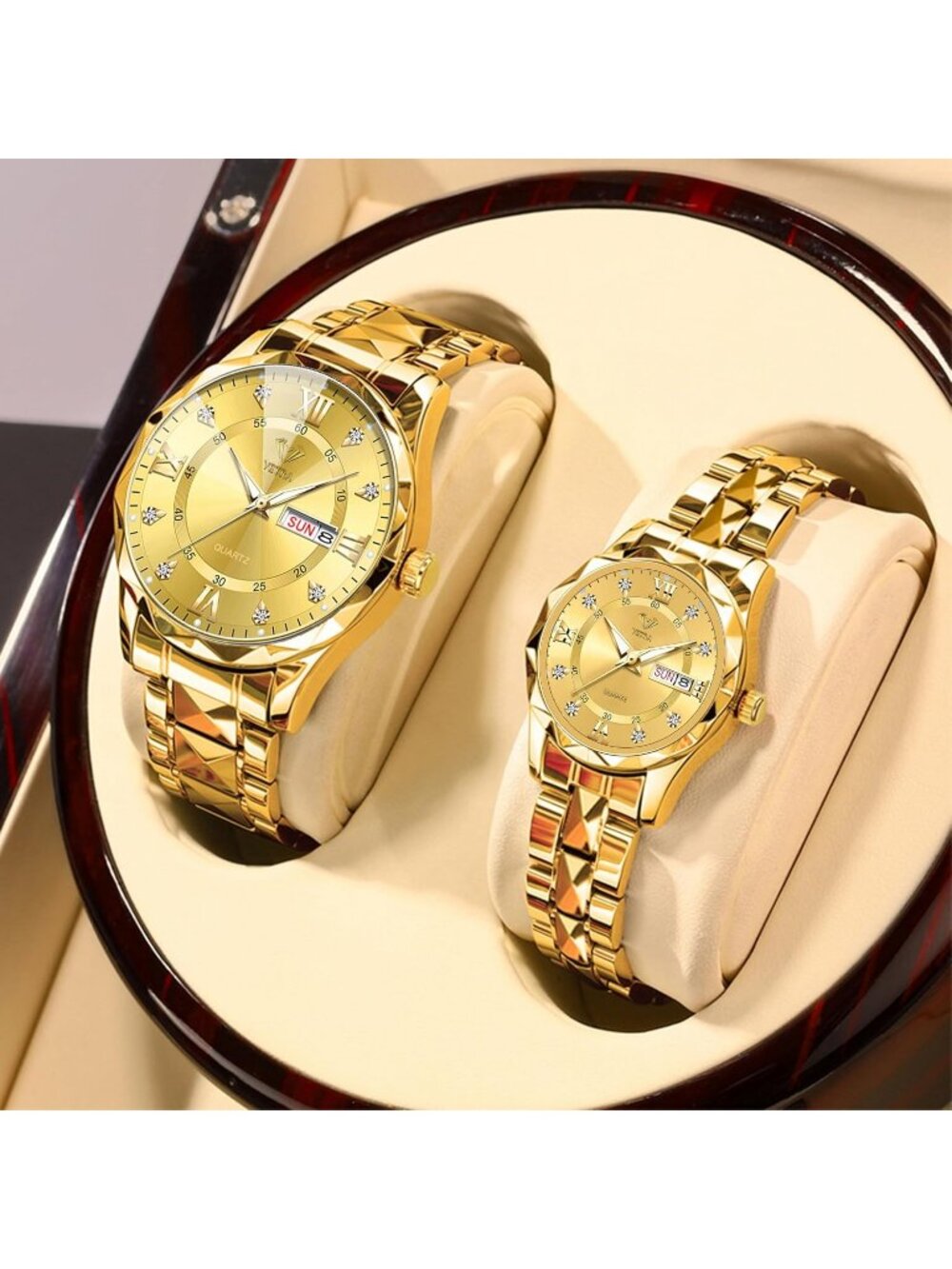 Men Women's Gold band and Gold dial Couple Watches Set Luxury Diamond for Lovers - Picture 2 of 7